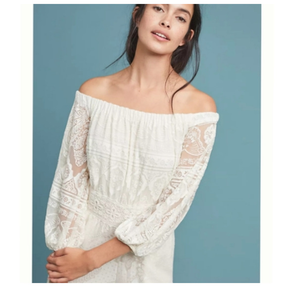 Farm Rio Elliot Boho Off the Shoulder Crochet Wide-Leg Jumpsuit- White, Size XS - Picture 2 of 6